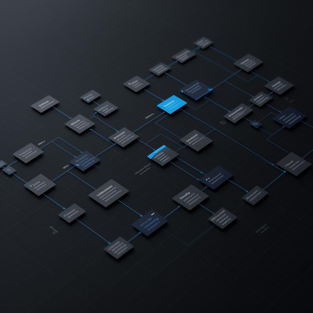 Abstract workflow diagram with interconnected nodes on a dark surface
