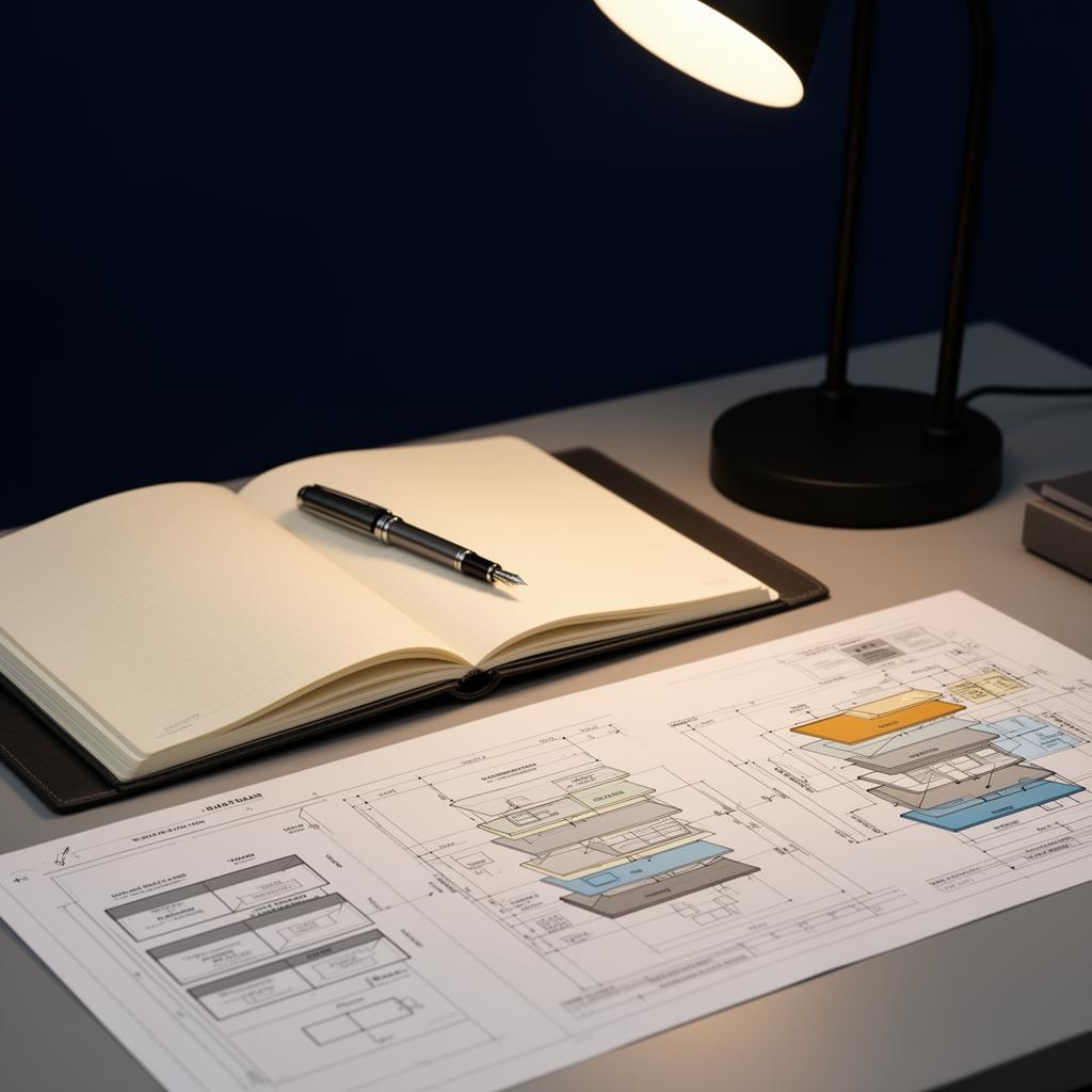An open notebook, fountain pen, and architectural blueprints on a dark desk